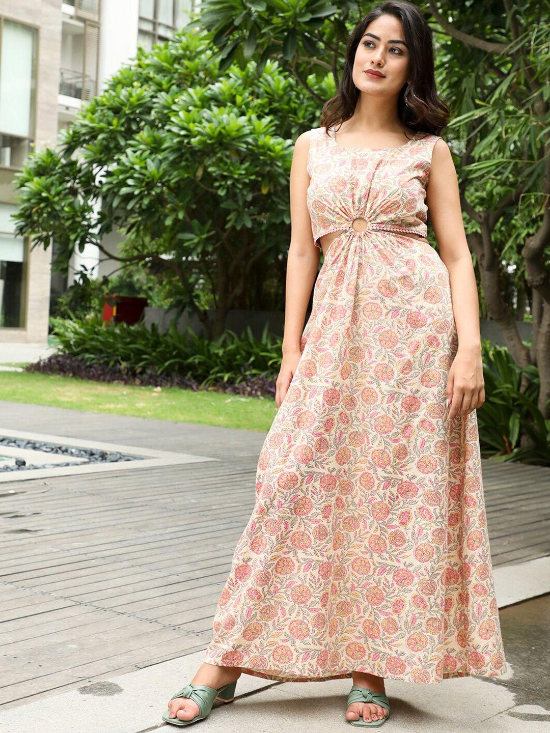 aks couture cream-coloured floral print maxi dress