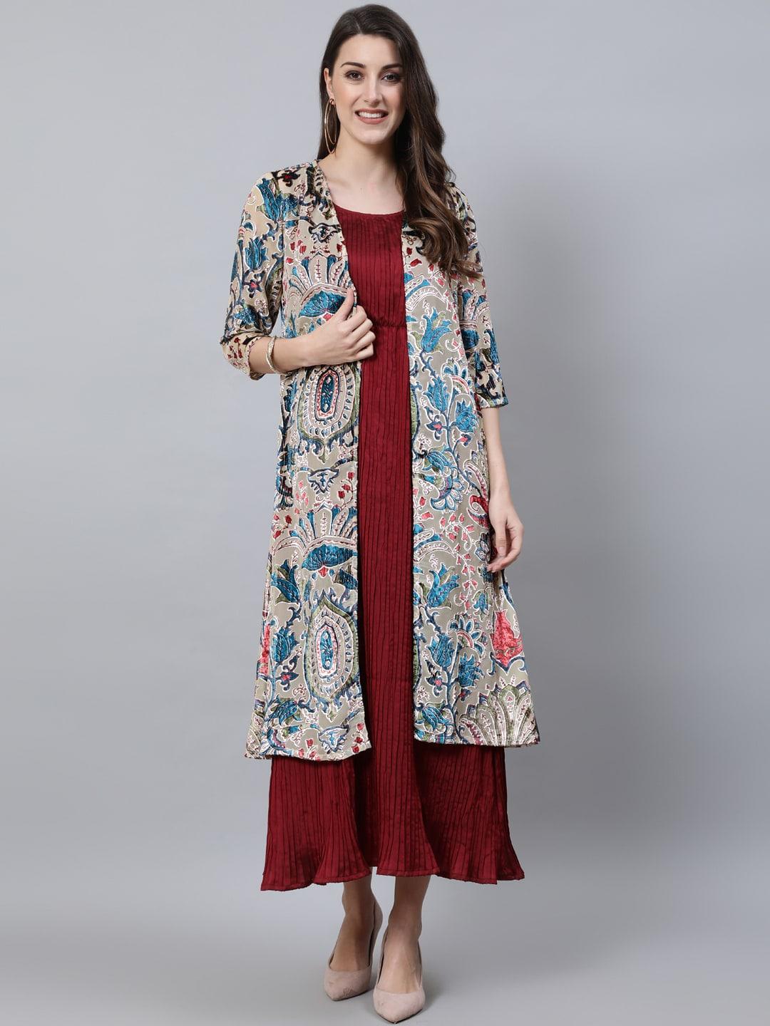 aks couture floral printed longline open front shrug