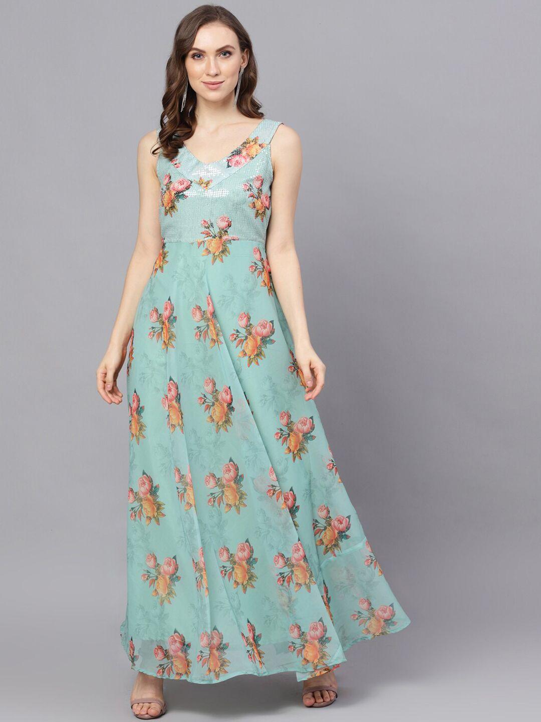 aks couture floral printed sequined georgette maxi dress