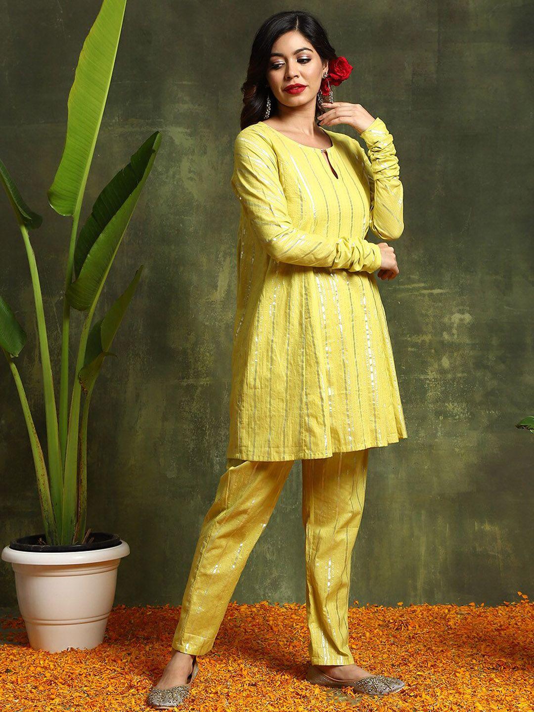 aks couture striped keyhole neck long sleeves a-line pure cotton kurti with trousers