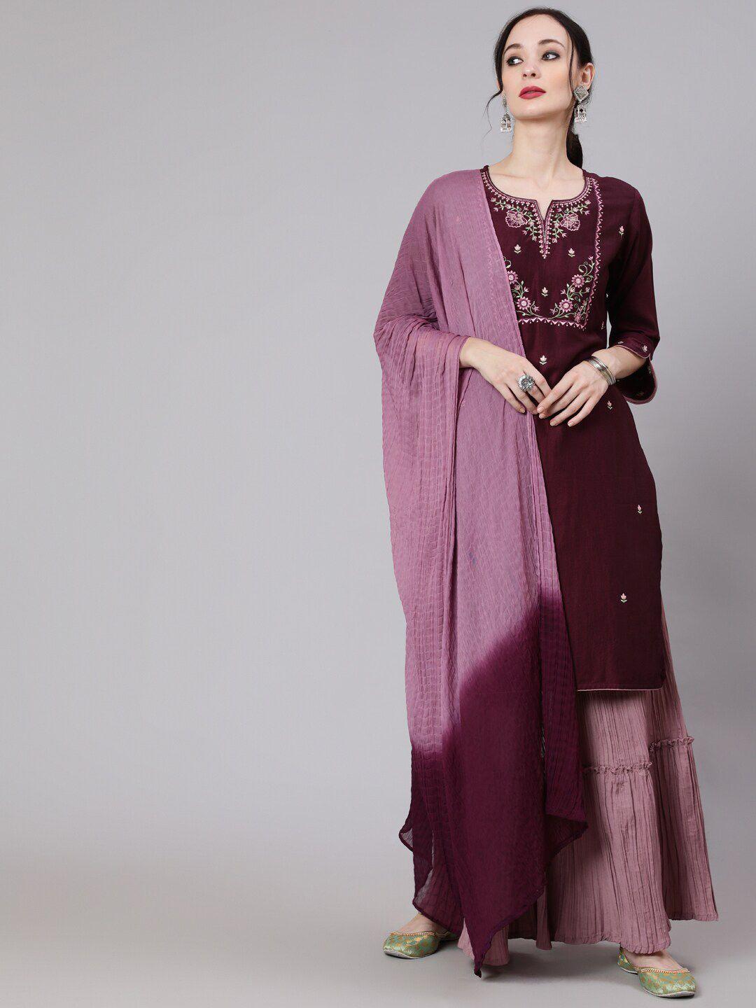 aks couture women burgundy ethnic motifs embroidered regular thread work kurta with sharara & with dupatta