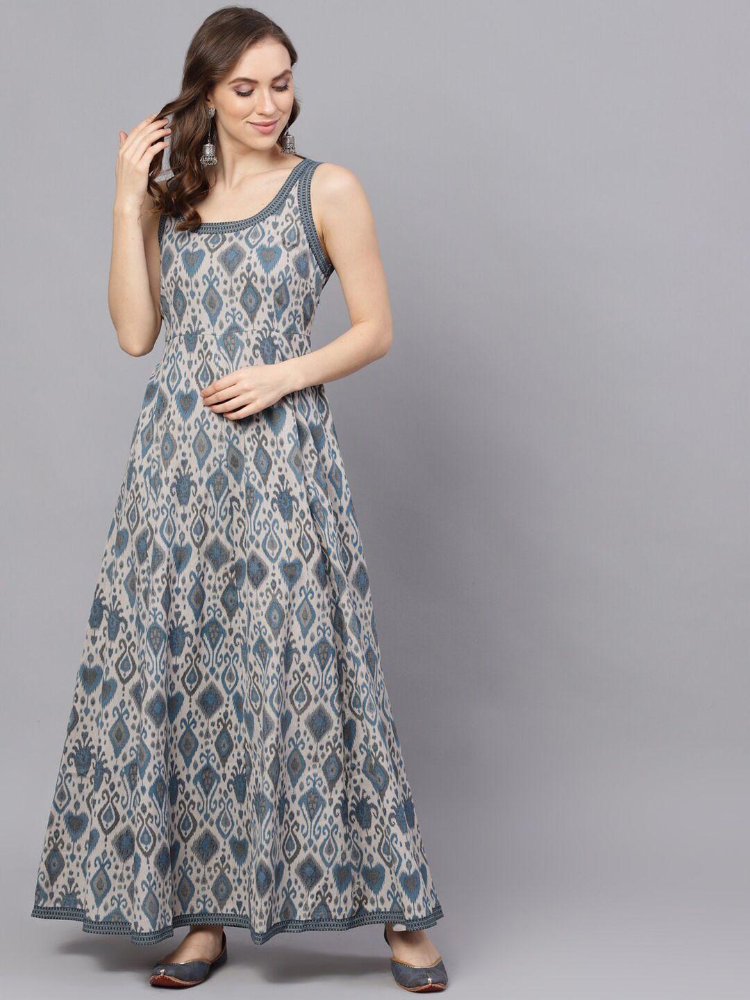 aks ethnic motifs printed cotton fit & flare maxi ethnic dress