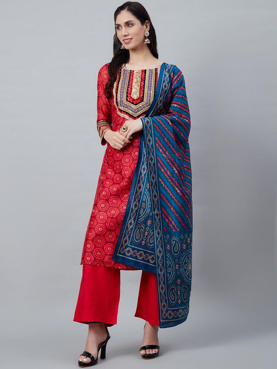 aks ethnic motifs printed thread work chanderi silk kurta & palazzos with dupatta