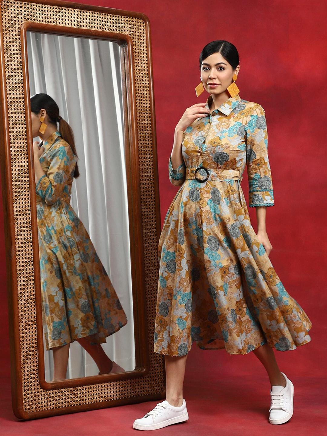 aks floral printed belted shirt midi cotton dress