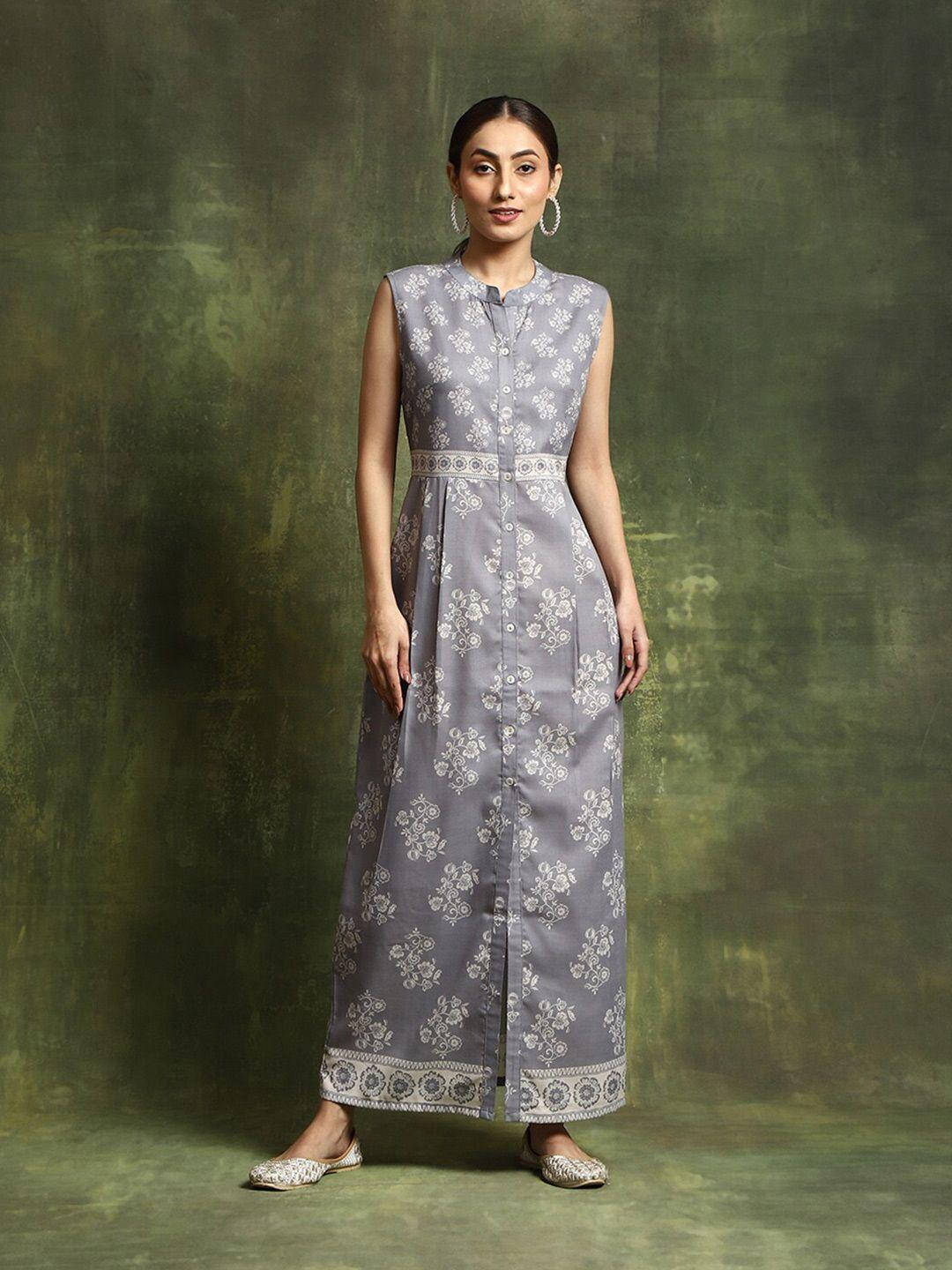 aks floral printed linen a-line ethnic dress