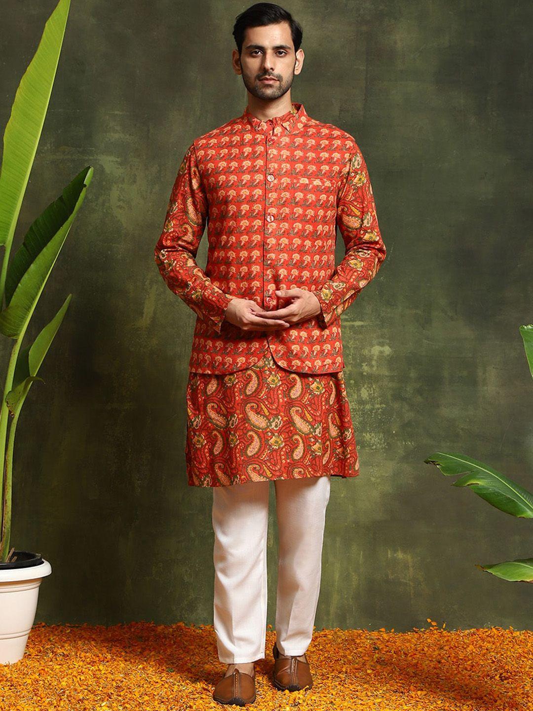 aks floral printed pure cotton kurta with nehru jacket