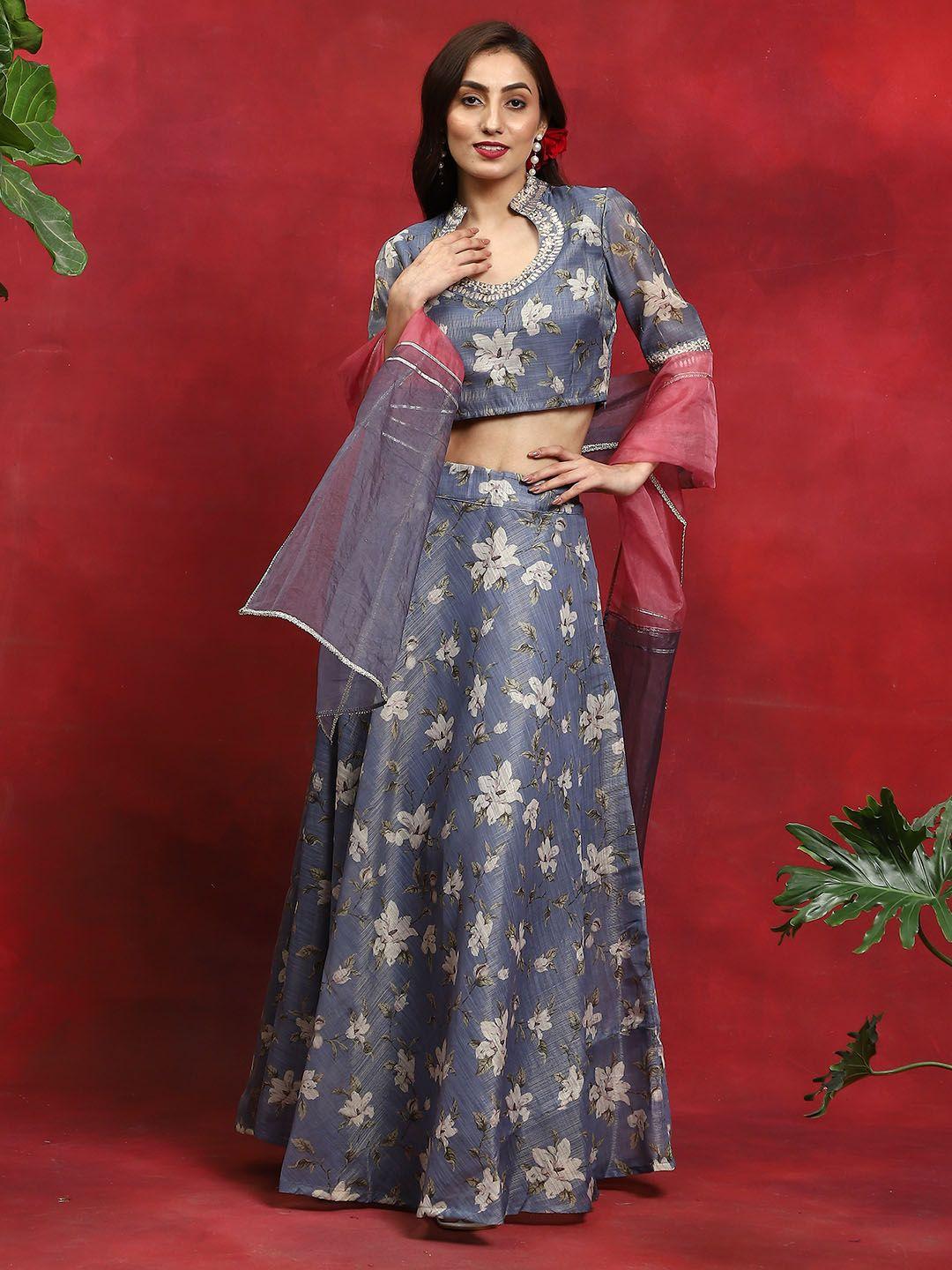 aks floral printed scoop neck ready to wear lehenga & blouse with dupatta