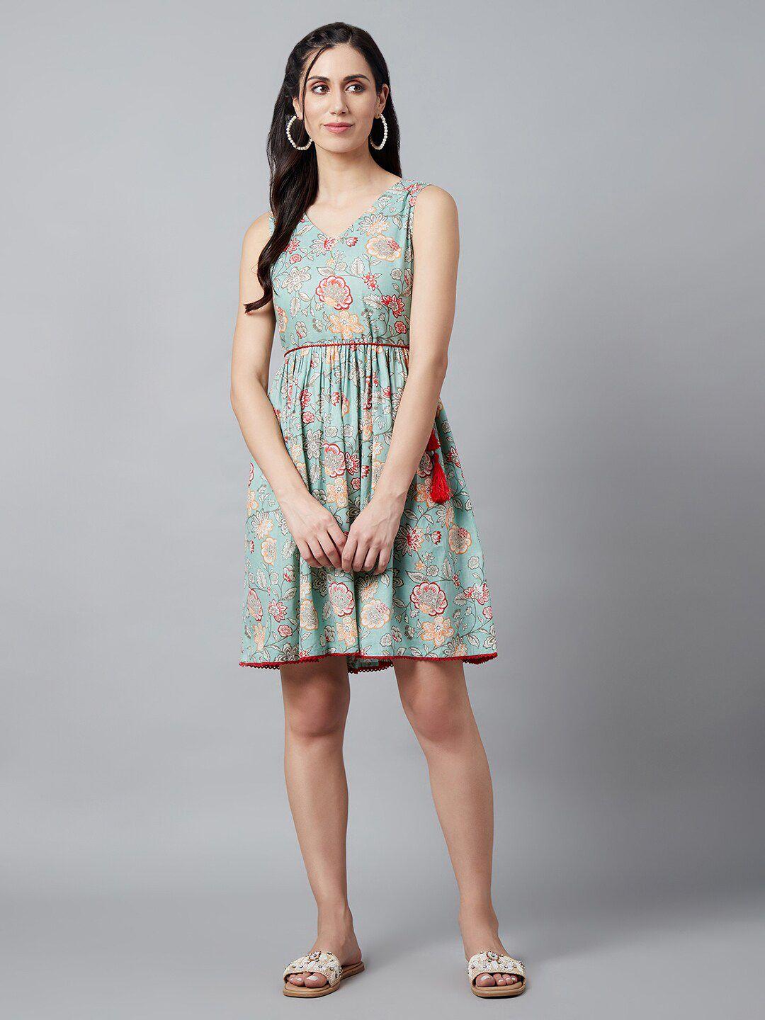 aks floral printed v-neck tie-up cotton fit & flare dress