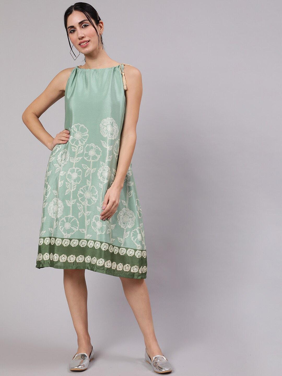aks green ethnic motifs print a-line dress
