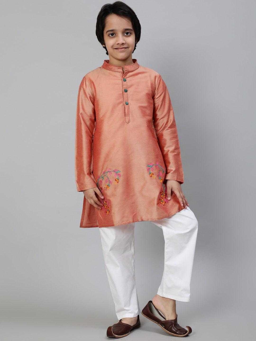 aks kids boys floral embroidered thread work mandarin collar cotton silk straight kurta