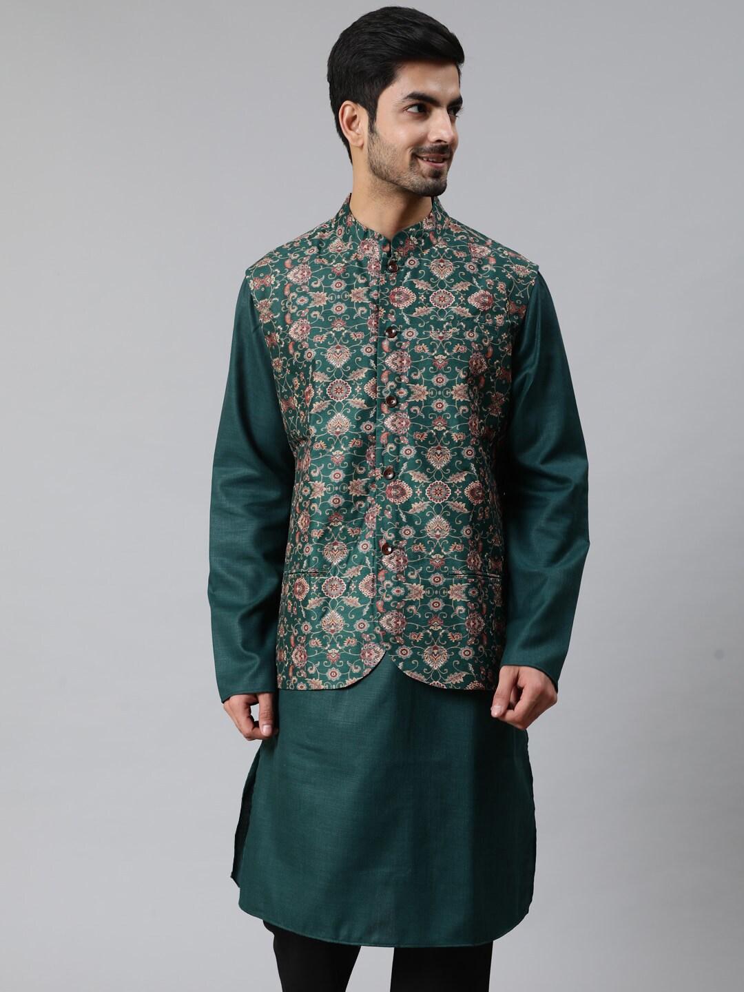 aks mandarin collar kurta with printed nehru jacket