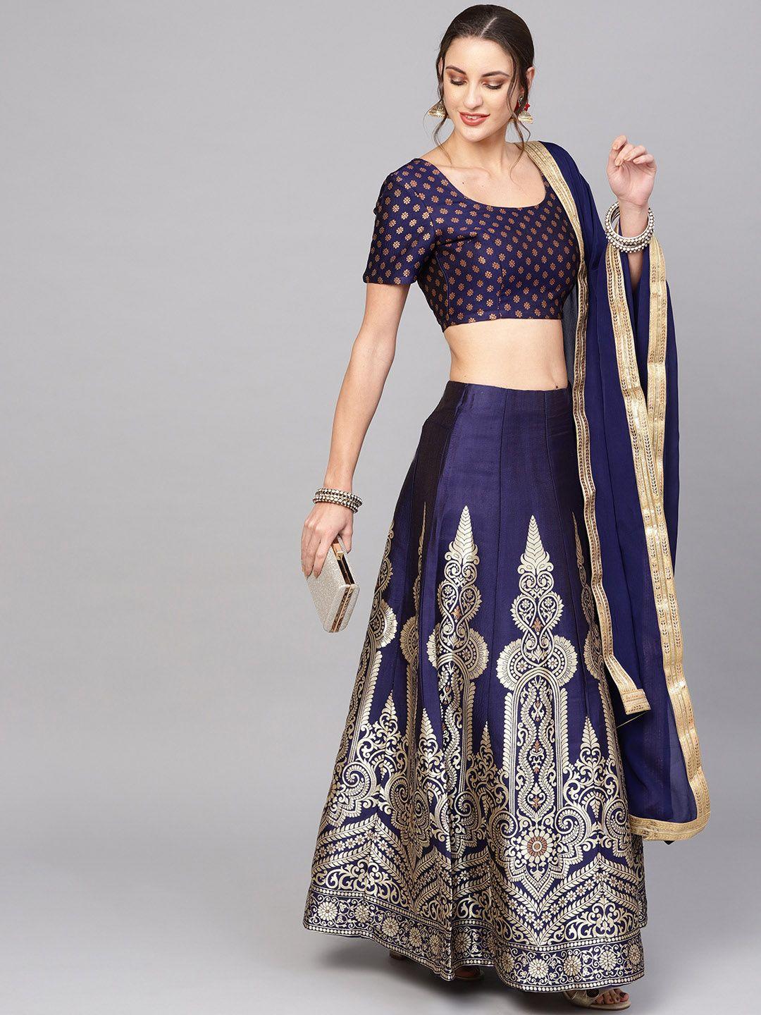 aks navy blue & golden woven design ready to wear lehenga & blouse with dupatta