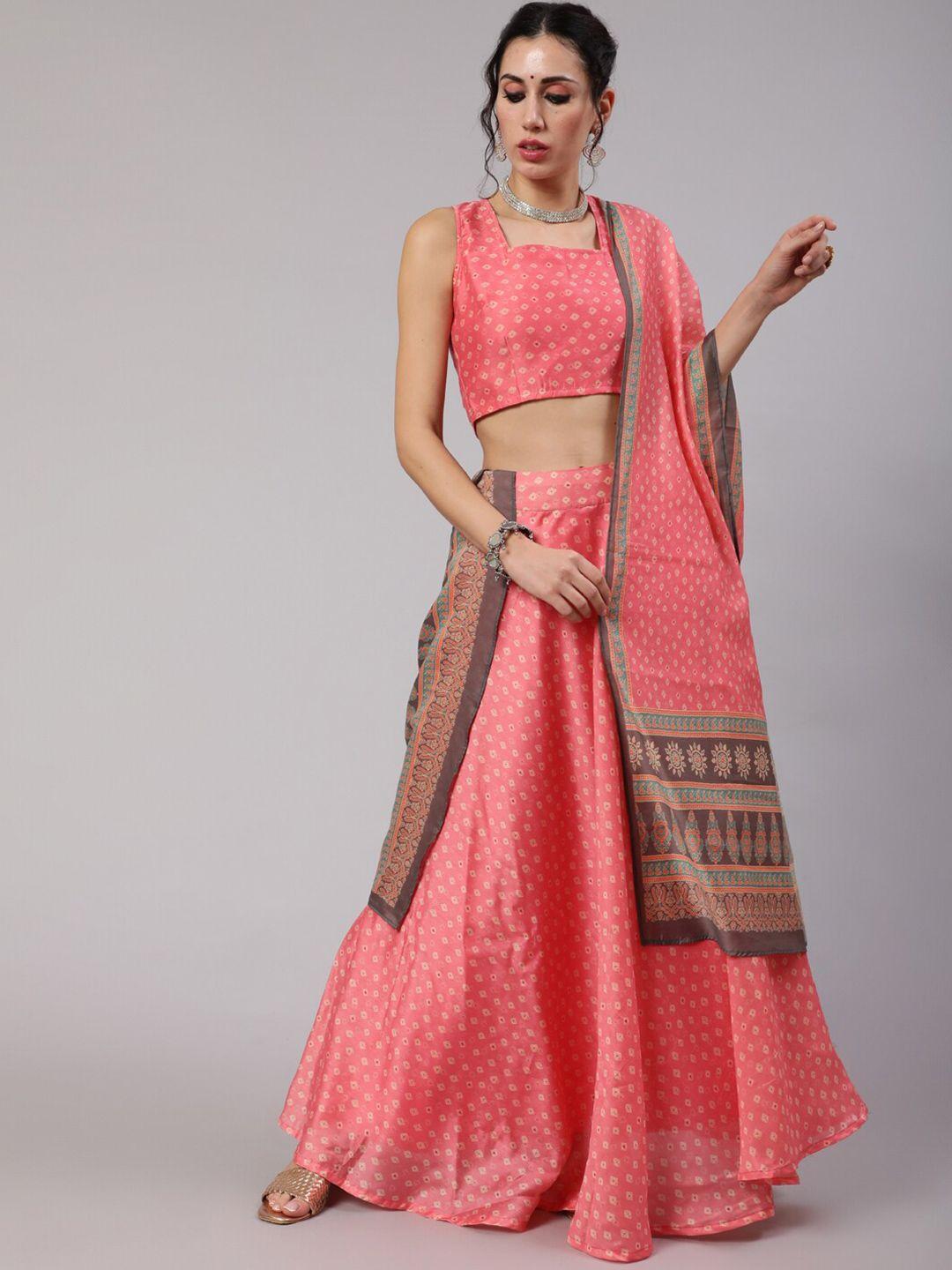 aks pink & grey printed ready to wear lehenga & blouse with dupatta