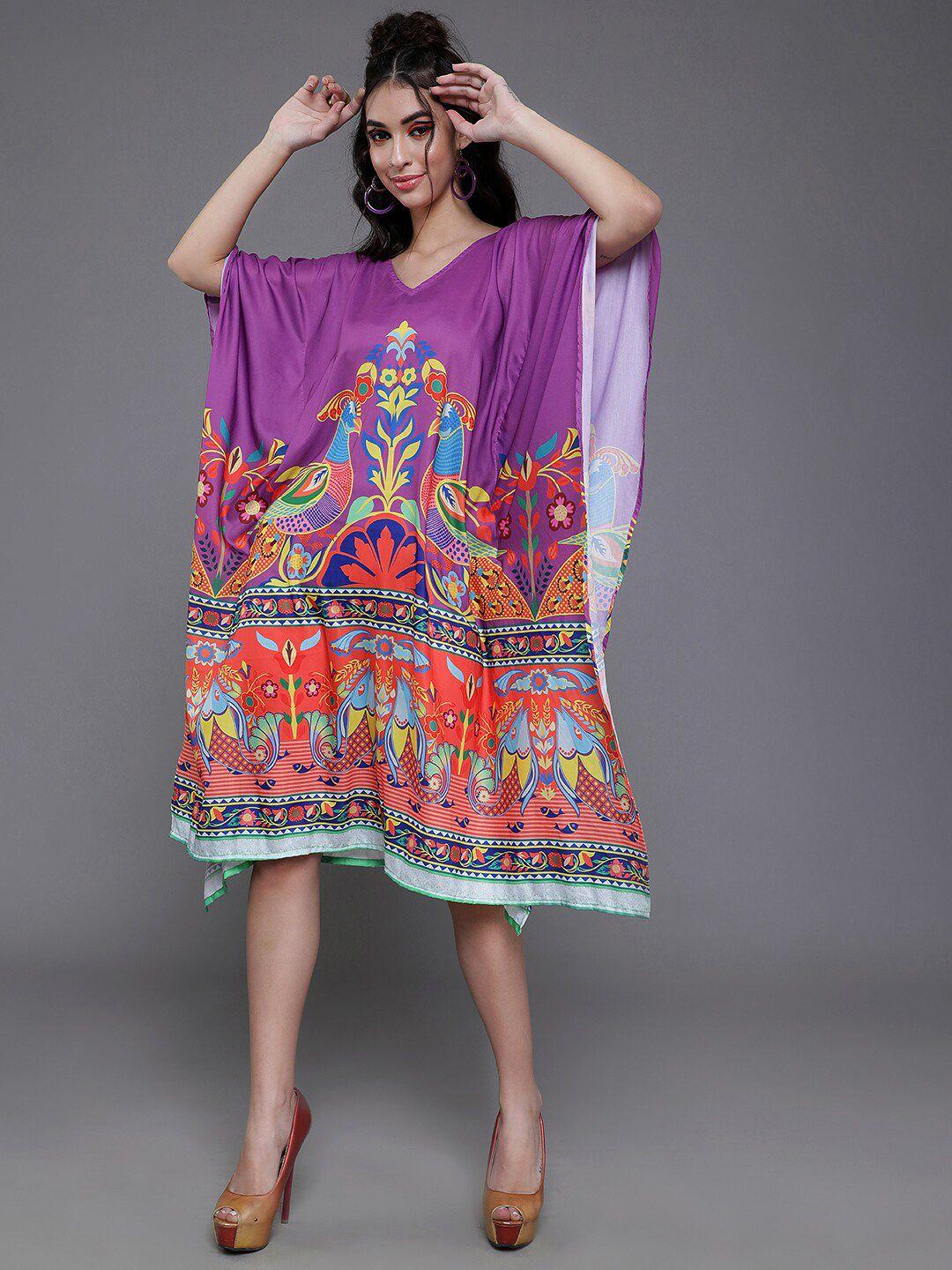 aks purple floral print kimono sleeve kaftan dress
