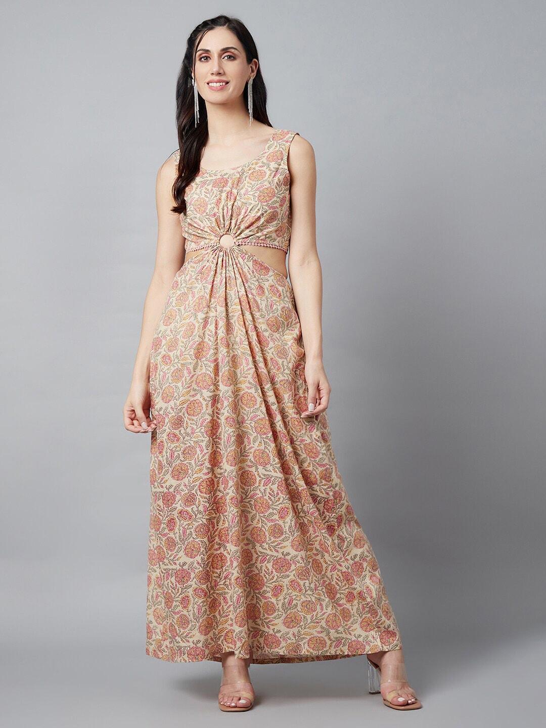 aks round neck floral printed cut-out thread work cotton maxi dress