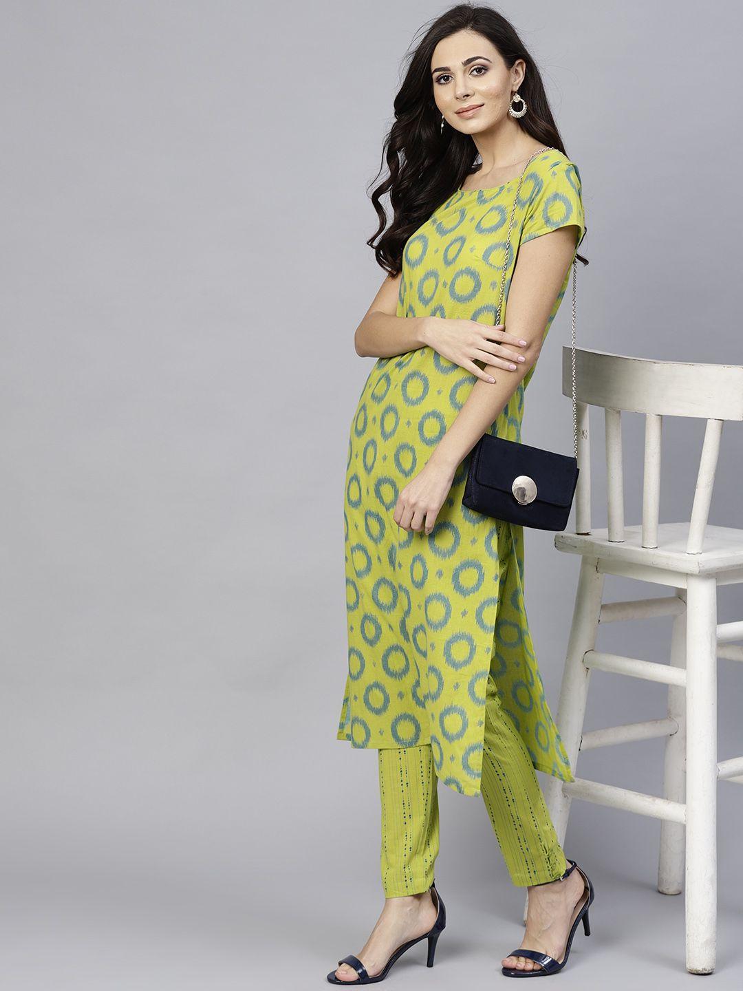 aks women green & blue printed kurta with trousers