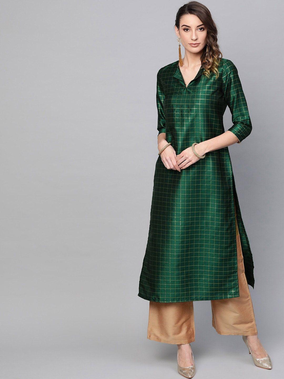 aks women green checked flared sleeves pathani kurta