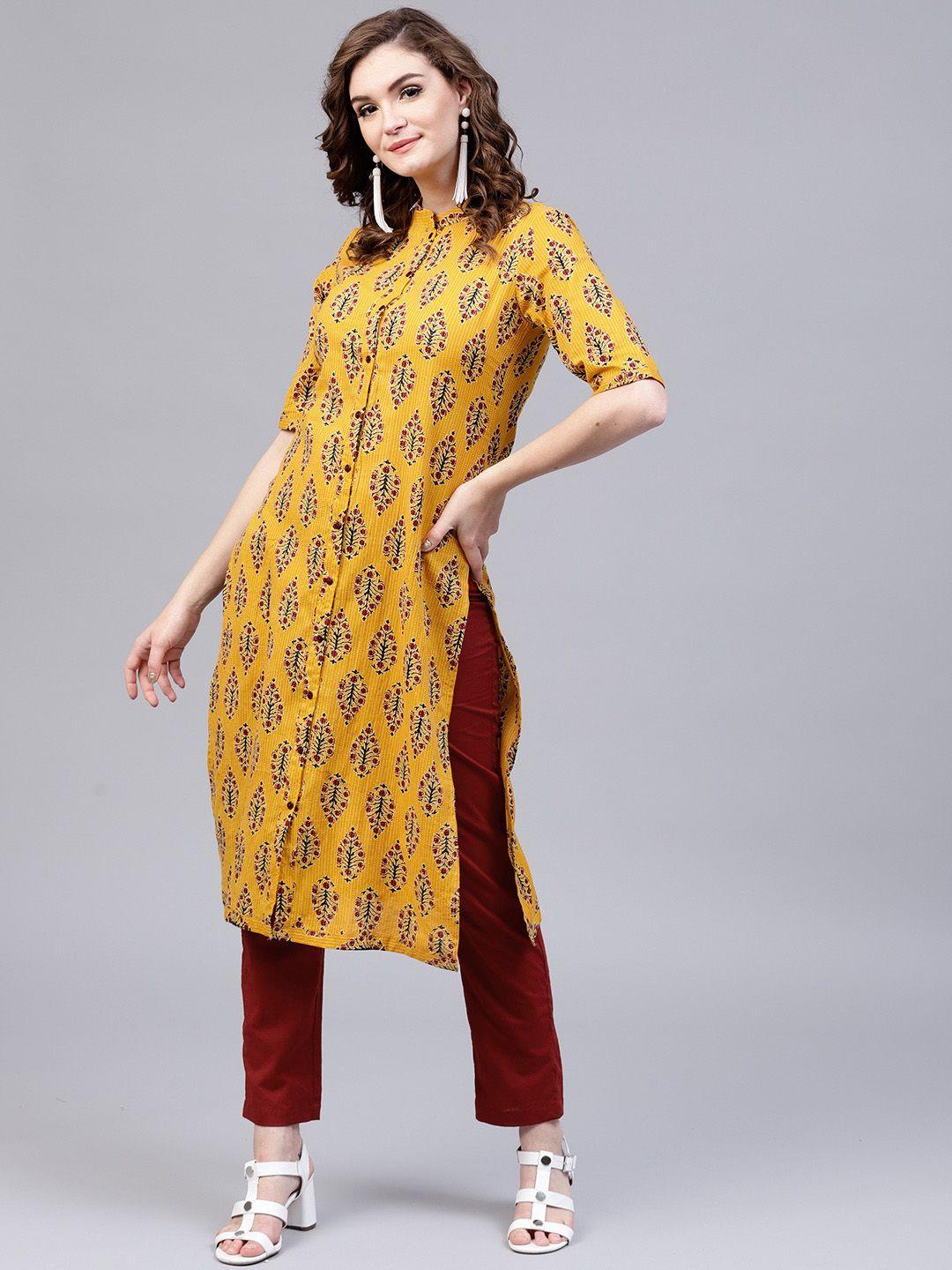 aks women yellow & maroon printed kantha work kurta with trousers