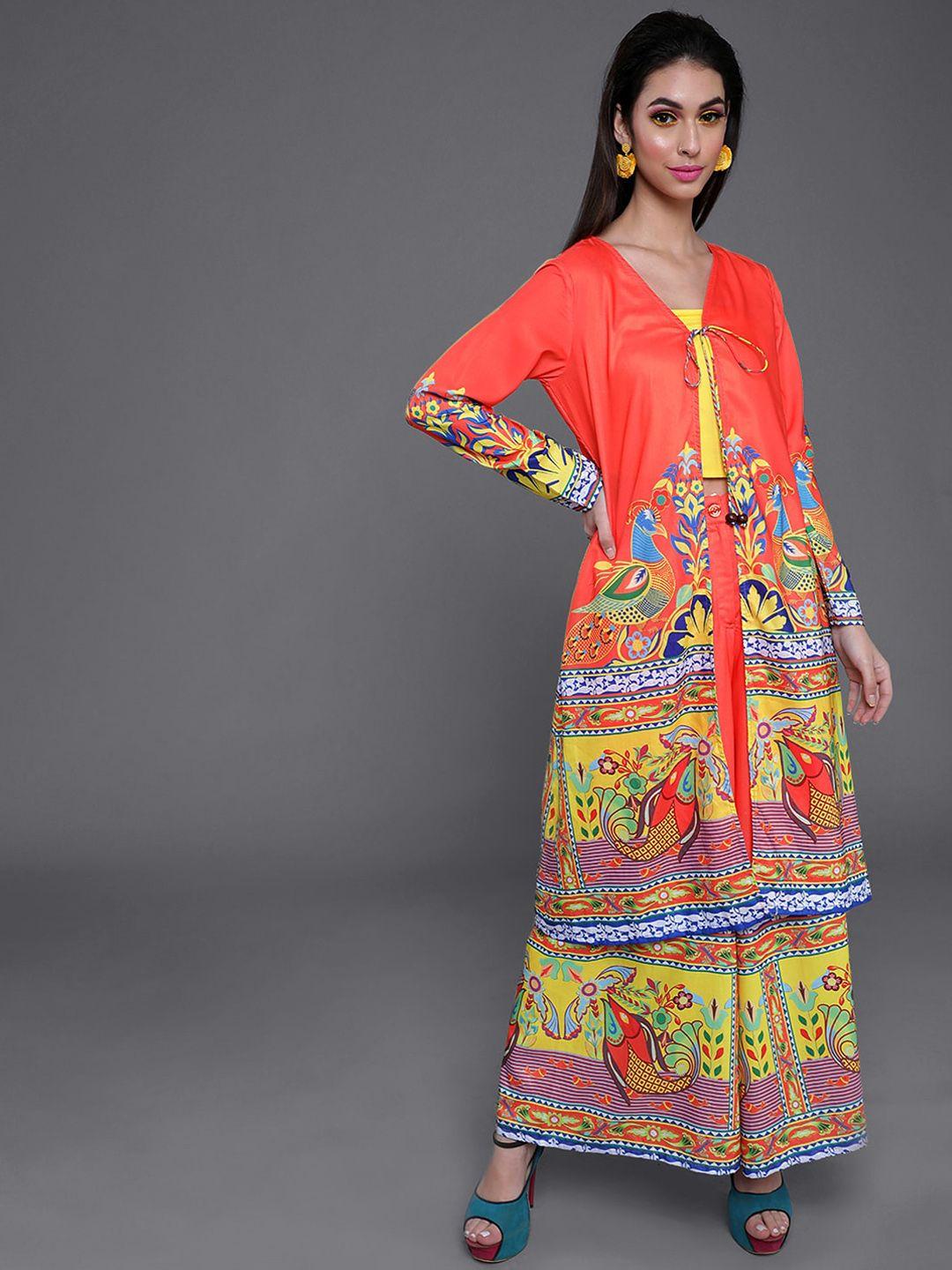 aks abstract printed top & palazzo with jacket co-ords set