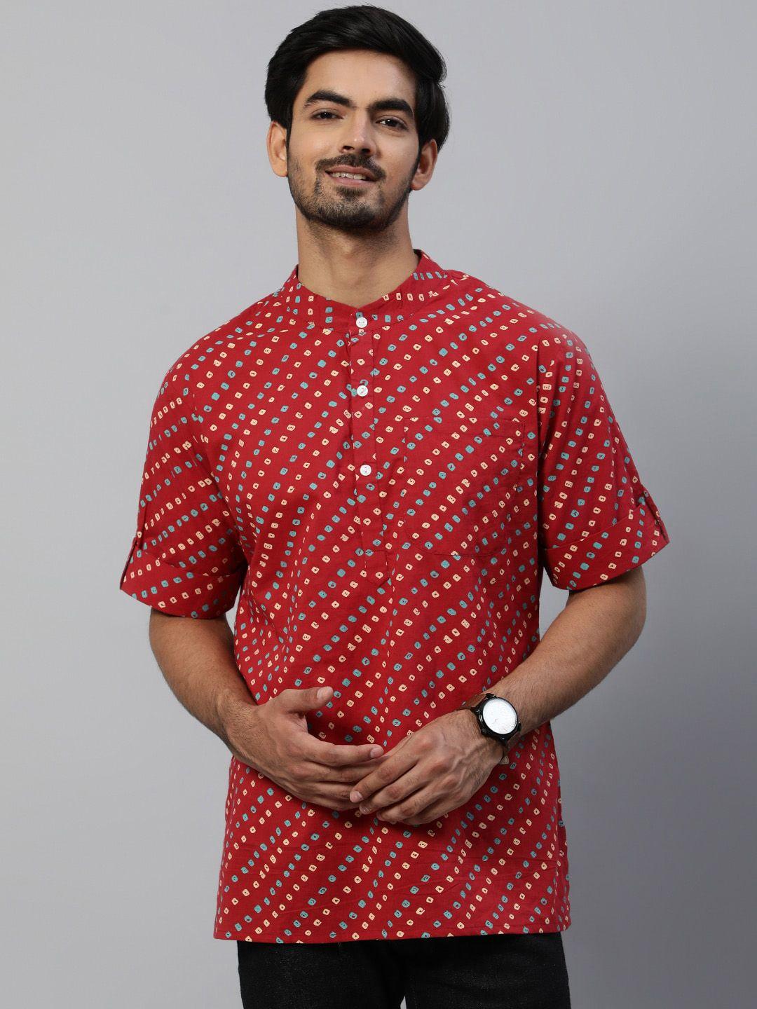 aks bandhani printed band collar cotton regular kurta