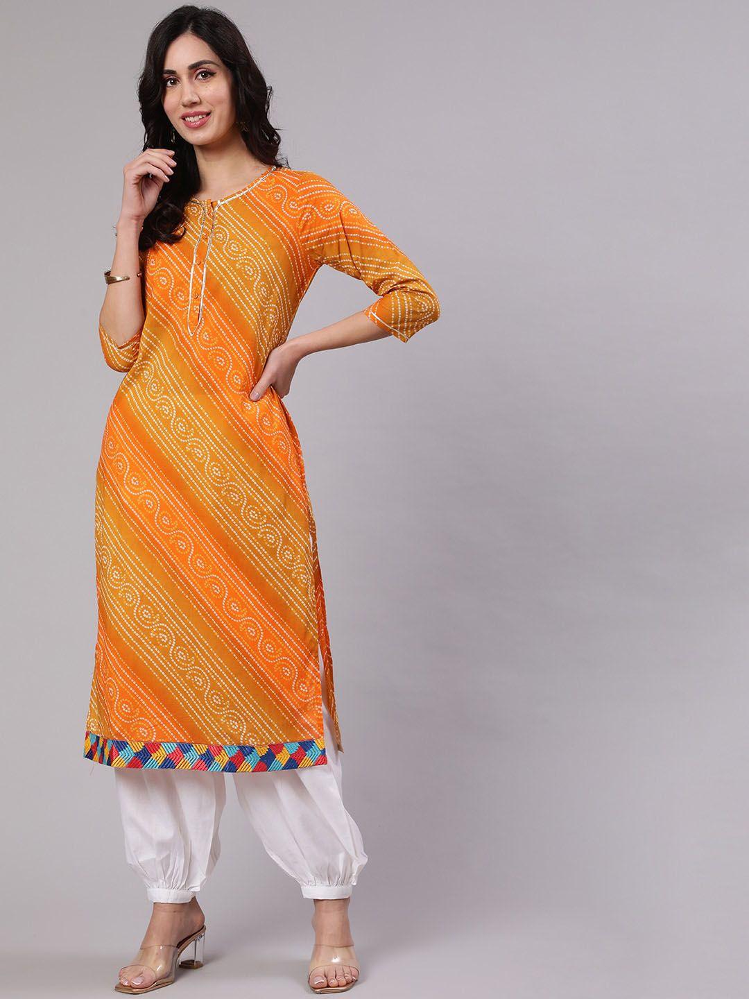 aks bandhani printed round neck cotton straight kurta