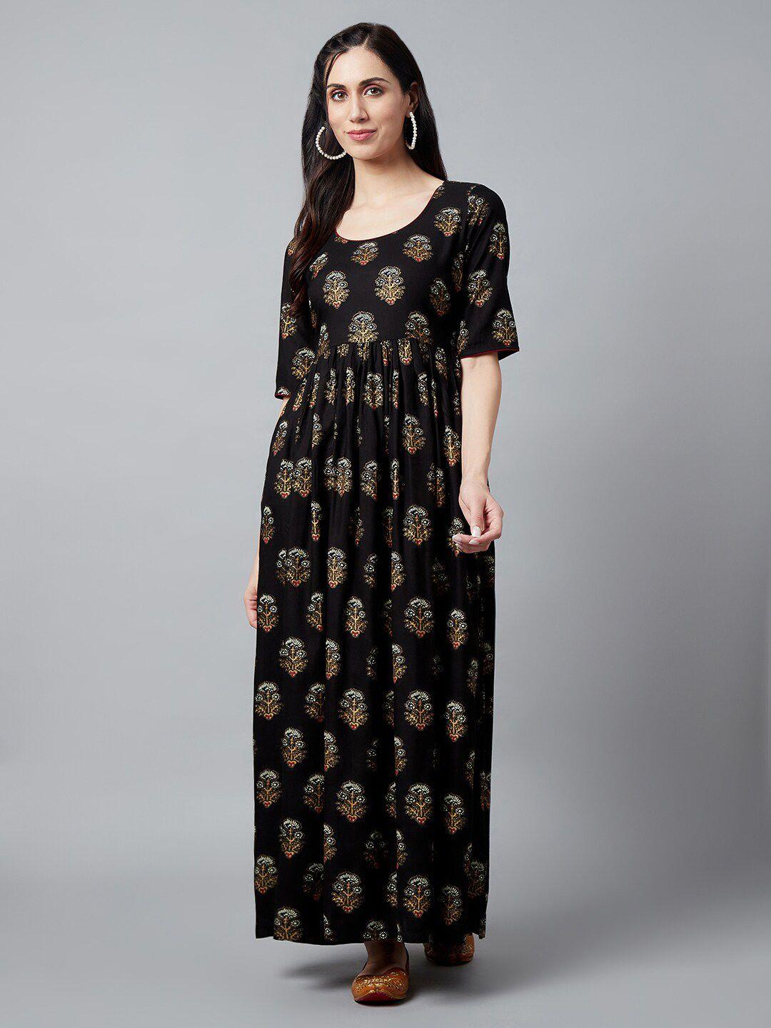 aks black ethnic motifs print maxi dress