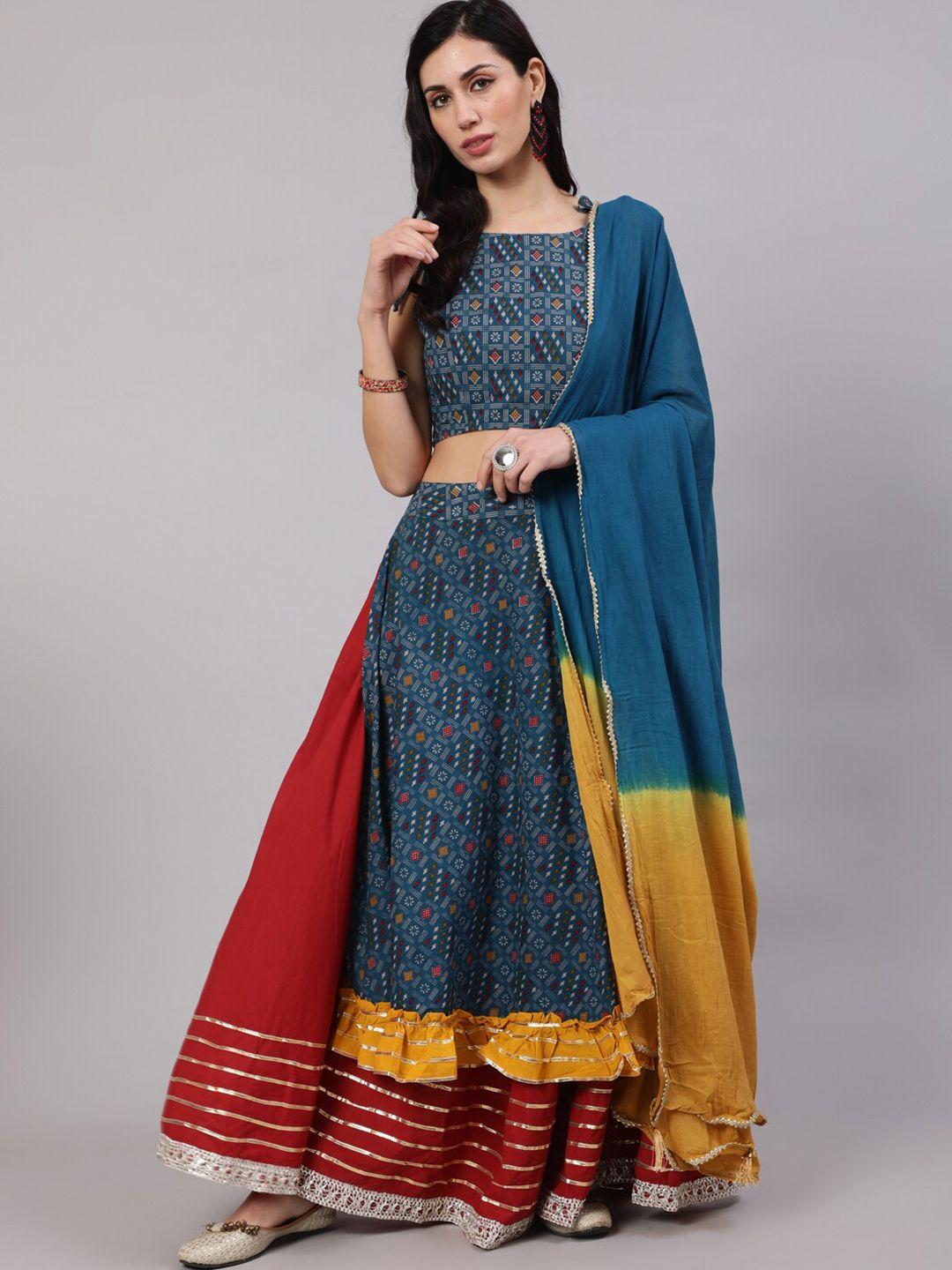 aks blue & red printed ready to wear lehenga & blouse with dupatta