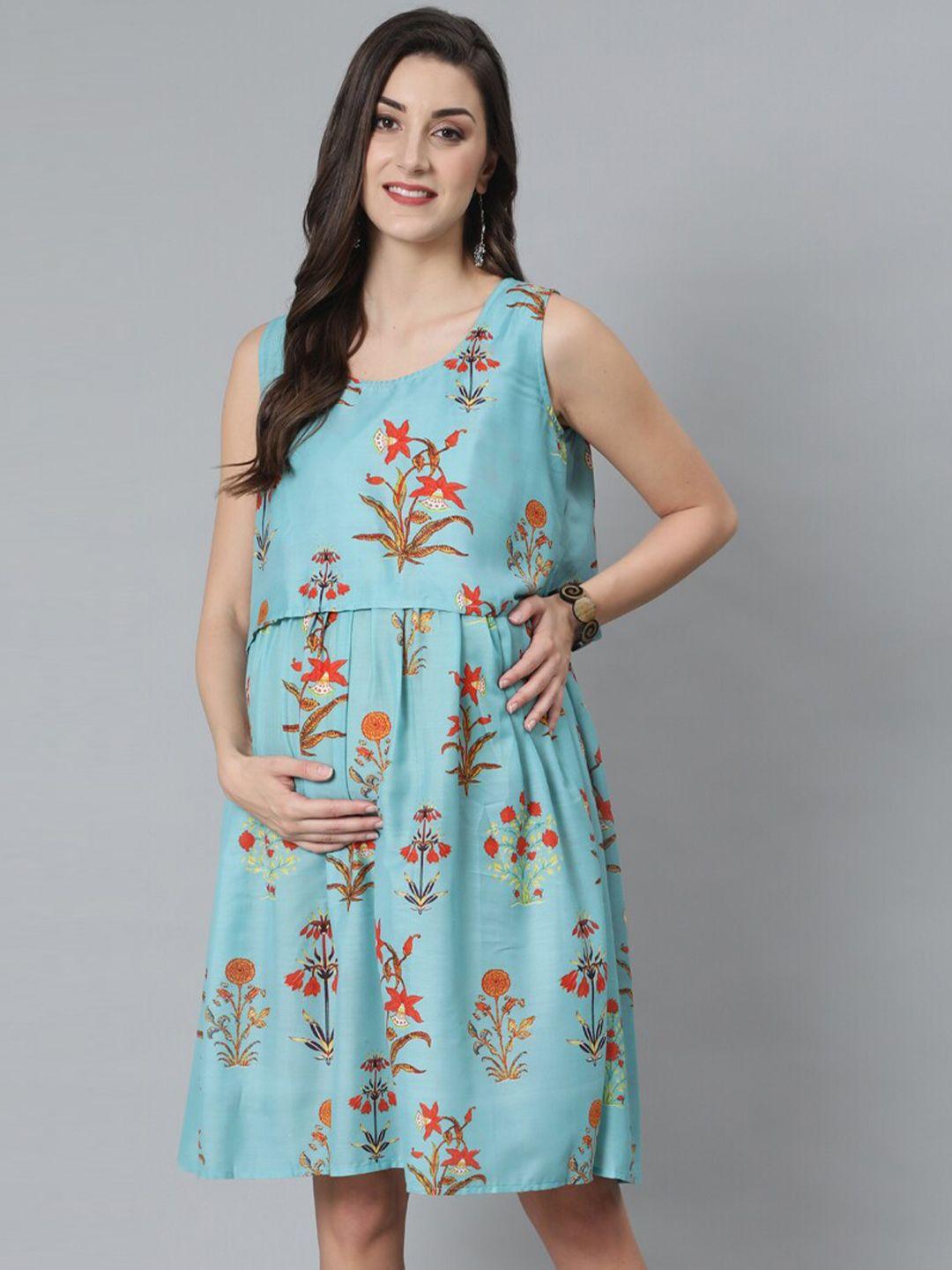 aks blue floral print maternity a-line dress