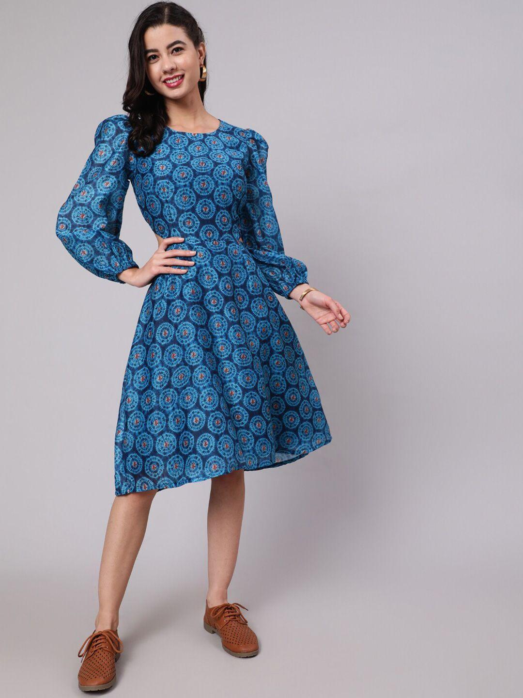 aks blue floral print puff sleeve fit & flare dress