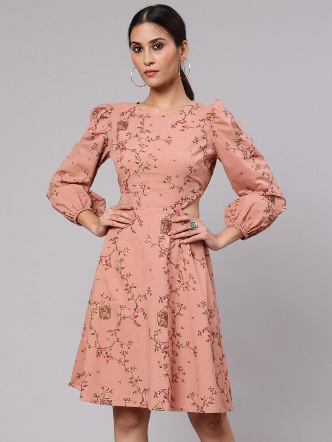 aks brown floral print puff sleeve fit & flare dress