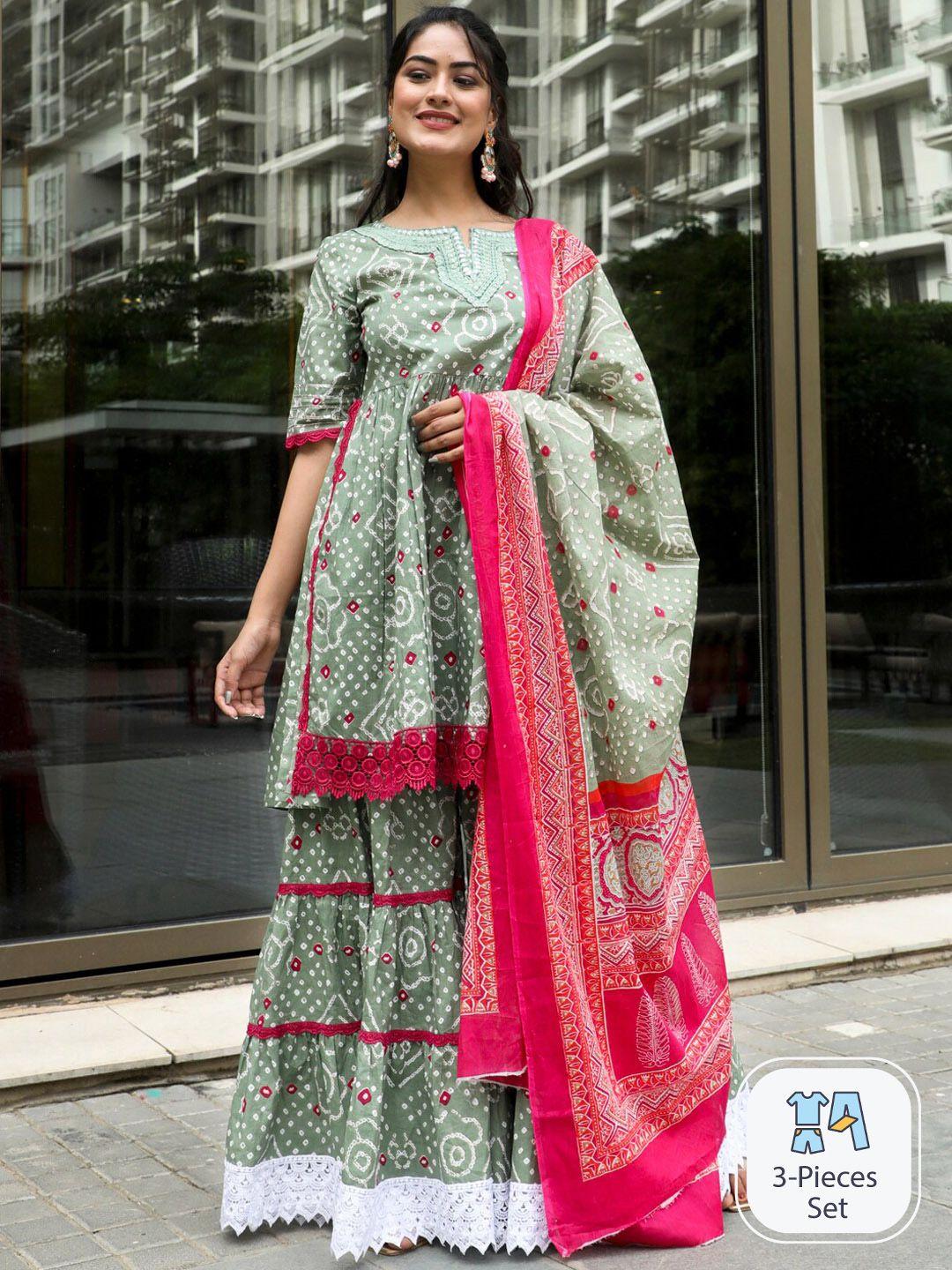 aks couture bandhani printed a-line pure cotton kurta with sharara & dupatta