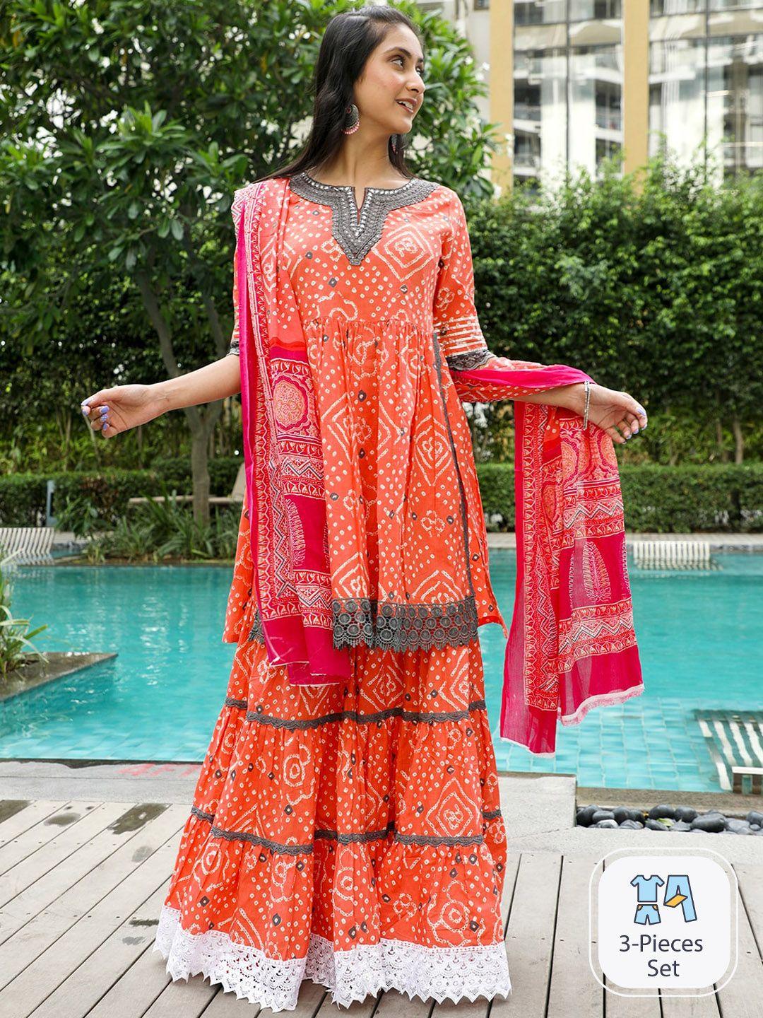 aks couture bandhani printed a-line pure cotton kurta with sharara & dupatta