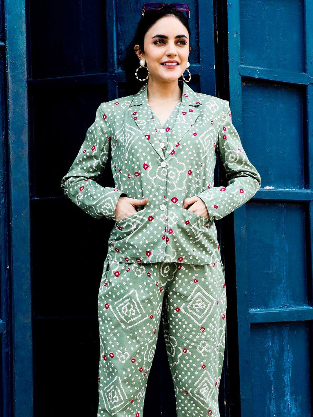 aks couture bandhani printed pure cotton blazer with trousers & waistcoat