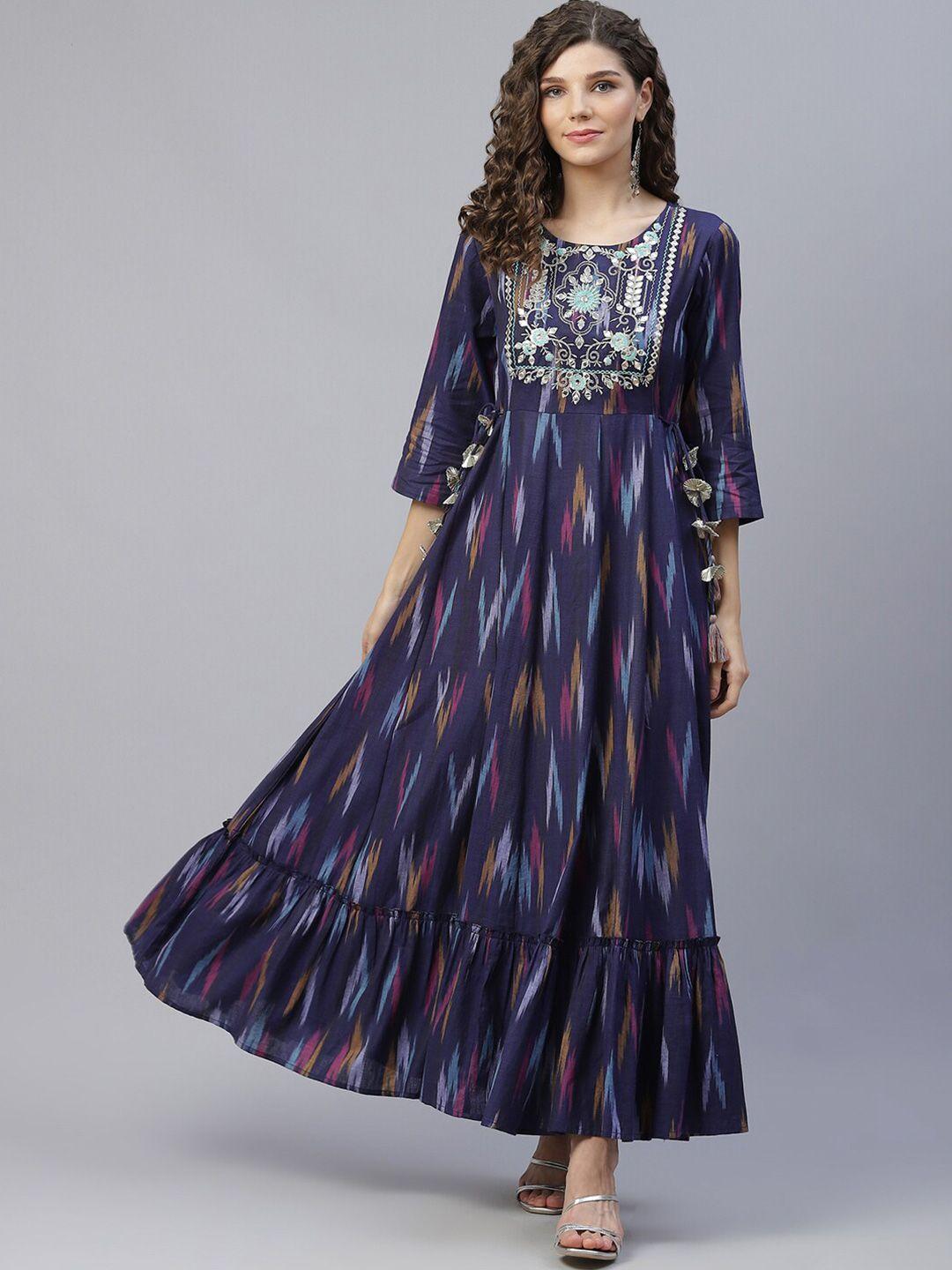 aks couture blue ethnic motifs print maxi dress