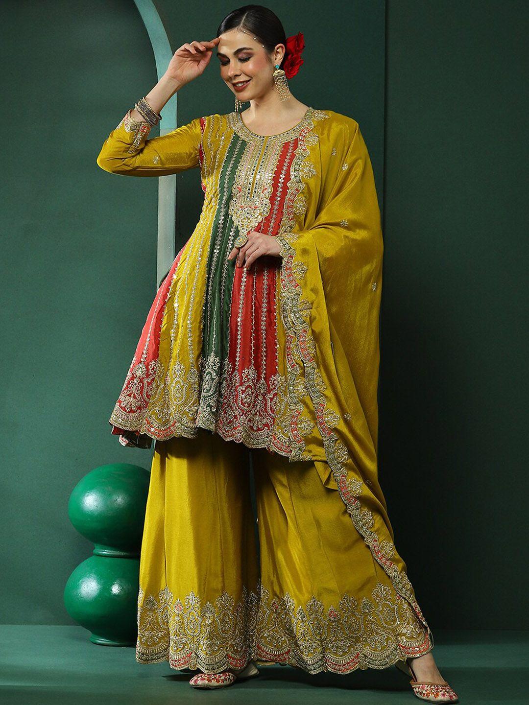 aks couture colourblocked embroidered regular thread work kurta with sharara & dupatta