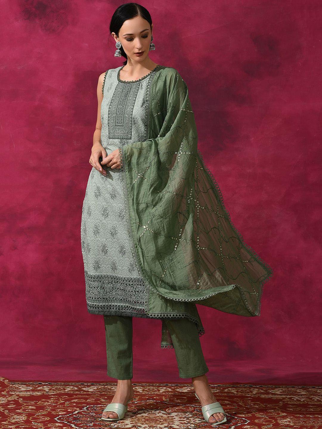 aks couture ethnic embroidered schiffli work pure cotton kurta with trousers & dupatta
