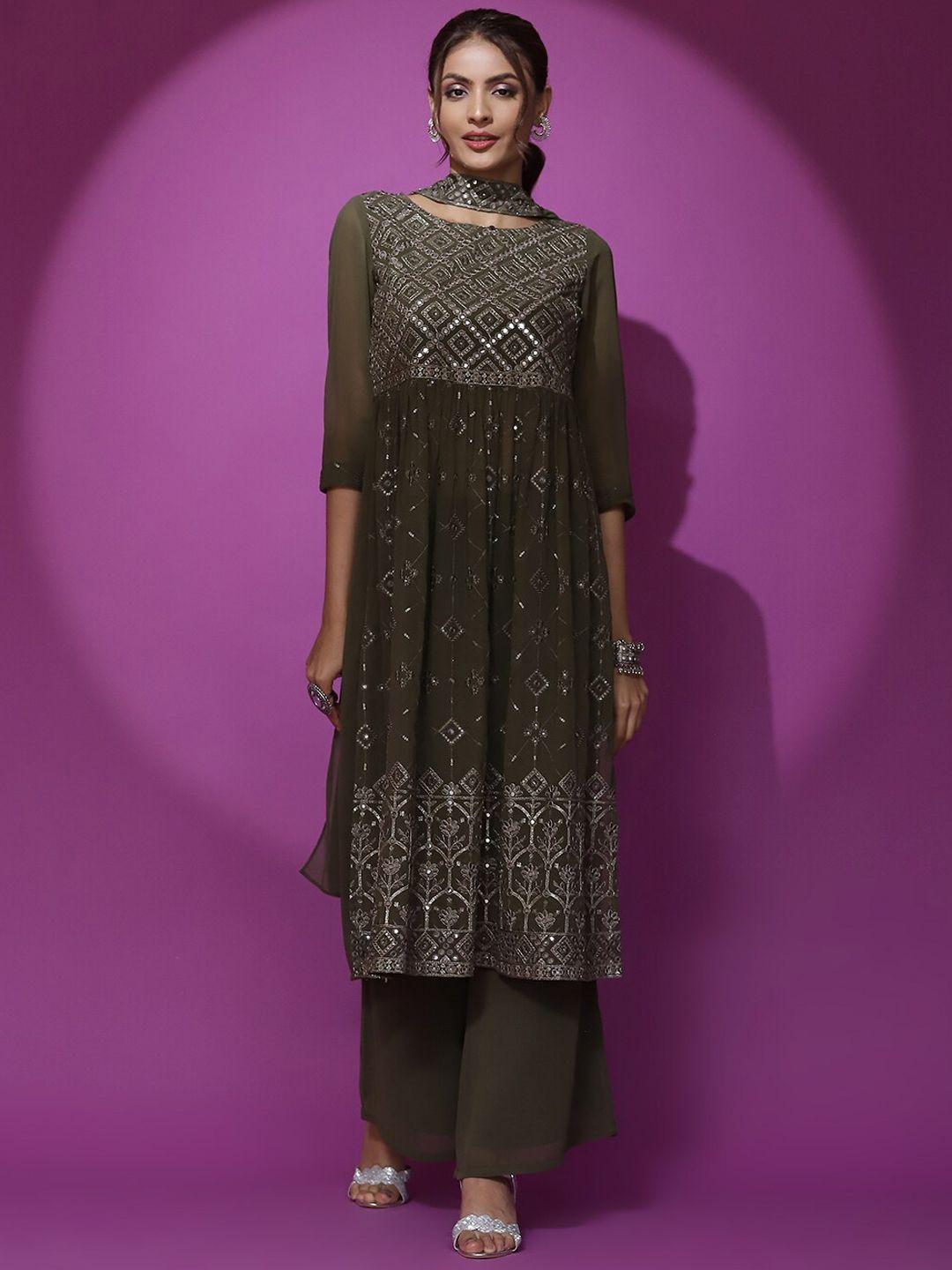 aks couture ethnic motifs embroidered mirror work straight kurta & palazzos with dupatta