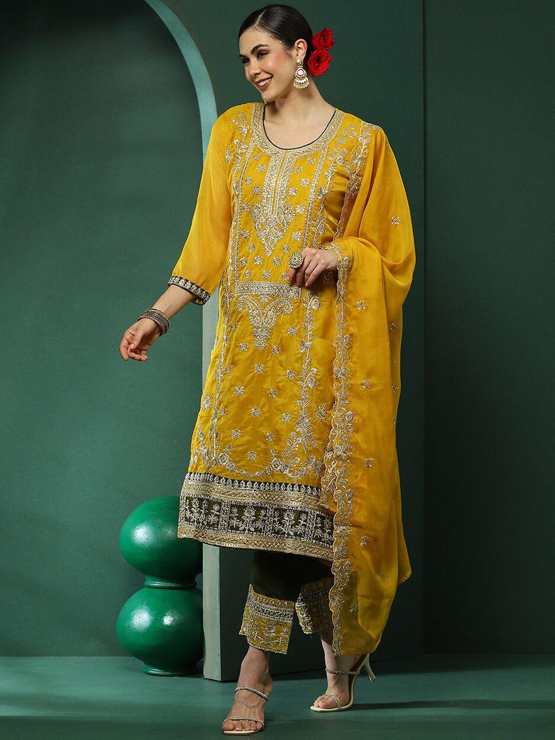 aks couture ethnic motifs embroidered organza regular kurta with trousers & dupatta