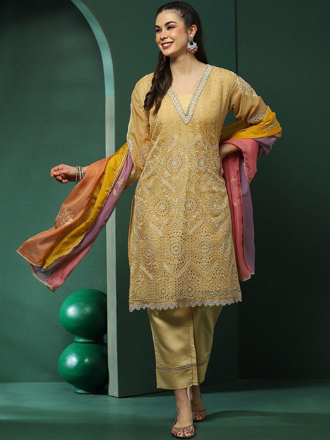 aks couture ethnic motifs embroidered regular thread work kurta with trousers & dupatta