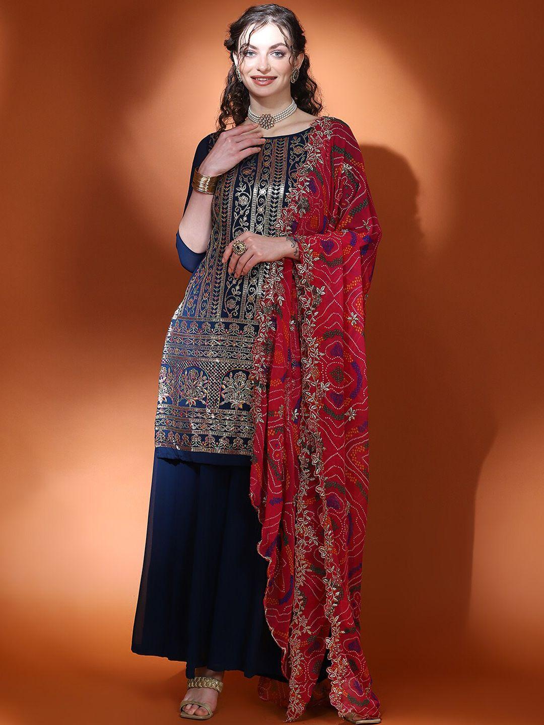 aks couture ethnic motifs embroidered sequinned straight kurta & palazzos with dupatta