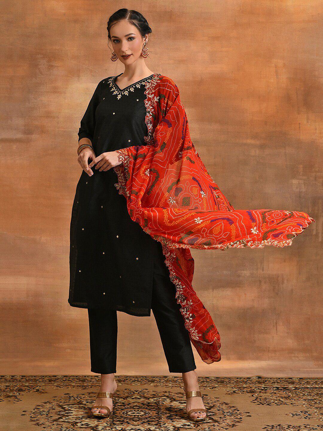 aks couture ethnic motifs embroidered v-neck straight kurta & trousers with dupatta