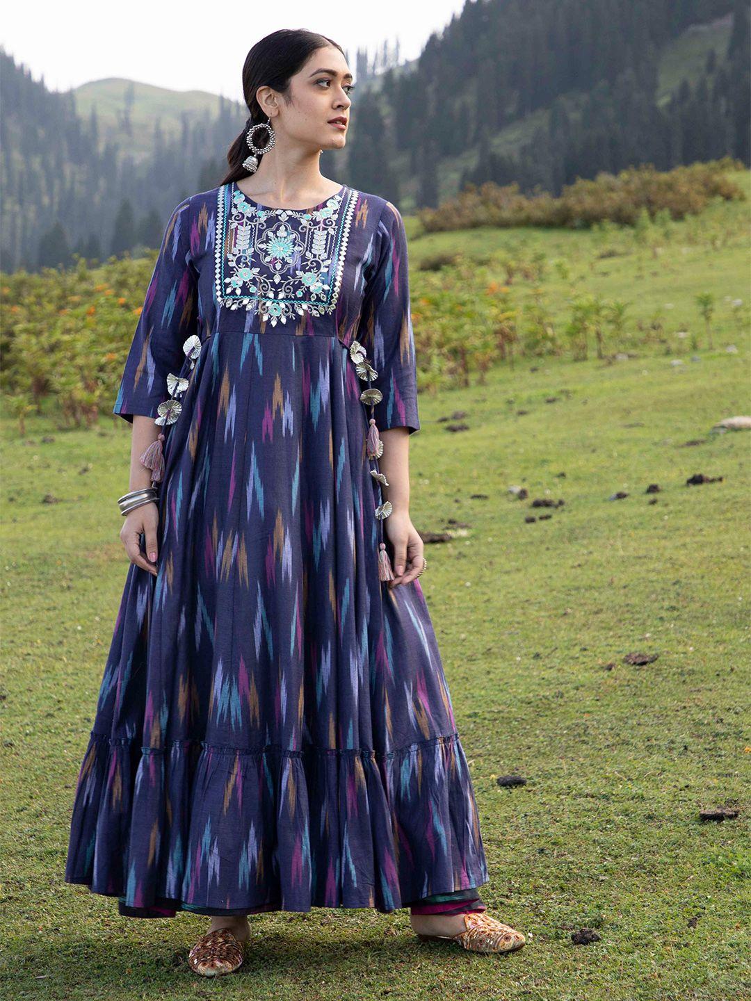 aks couture ethnic motifs printed embroidered flared cotton maxi a-line ethnic dress