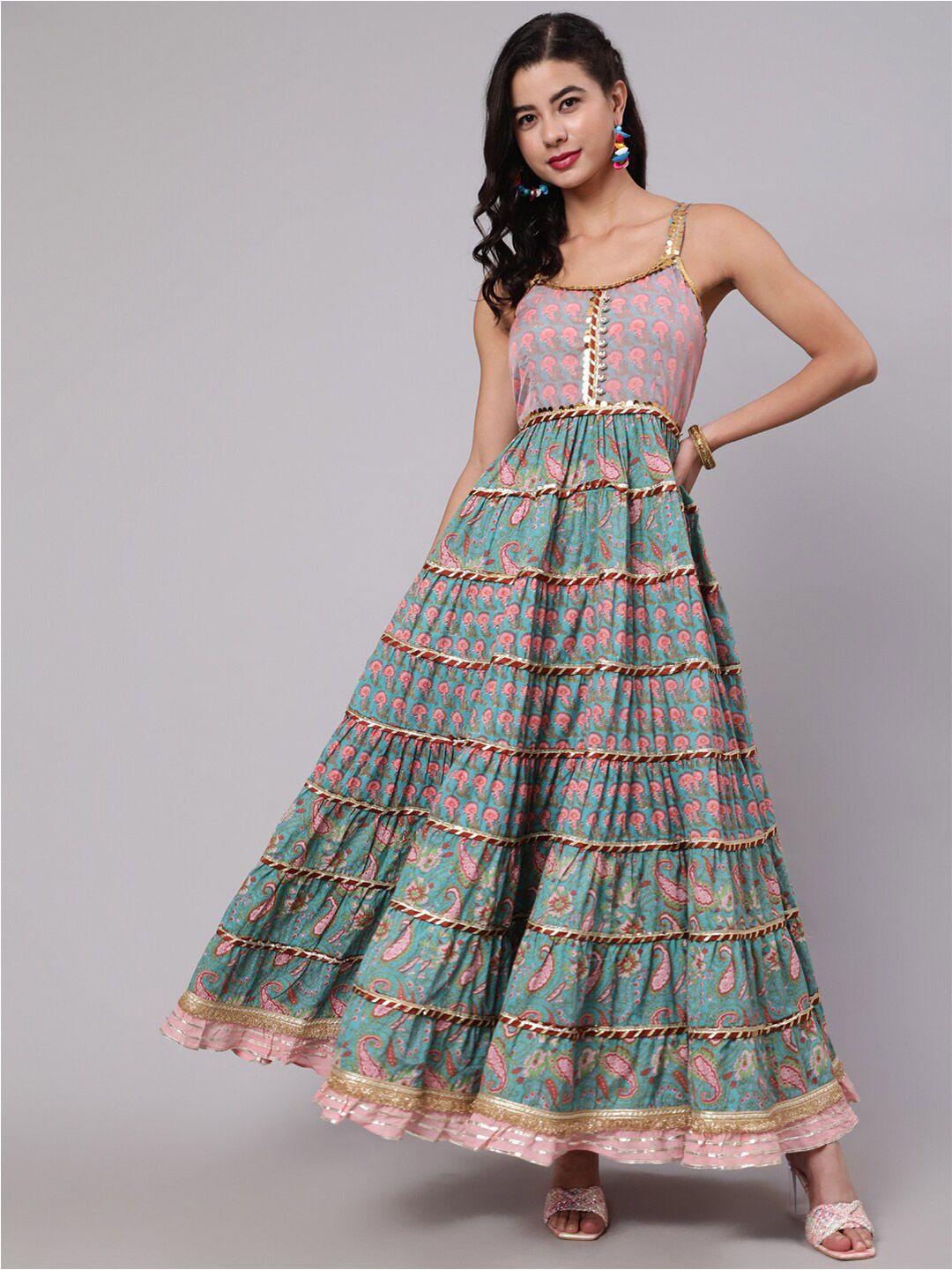 aks couture ethnic motifs printed fit & flare maxi tiered cotton ethnic dress