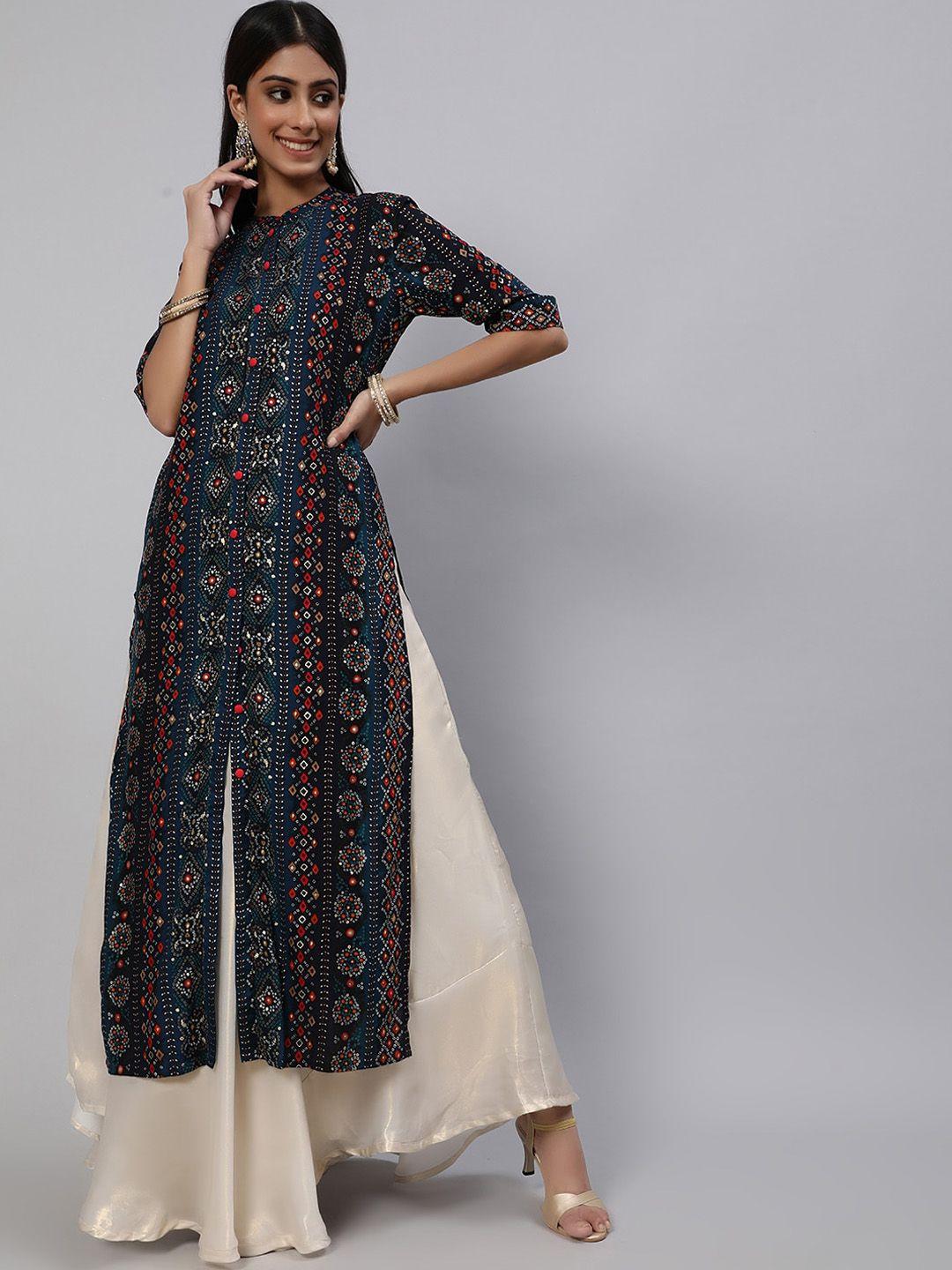 aks couture ethnic motifs printed mandarin collar straight kurta