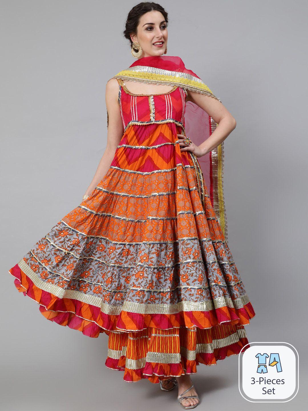 aks couture ethnic motifs printed pure cotton anarkali kurta with skirt & dupatta