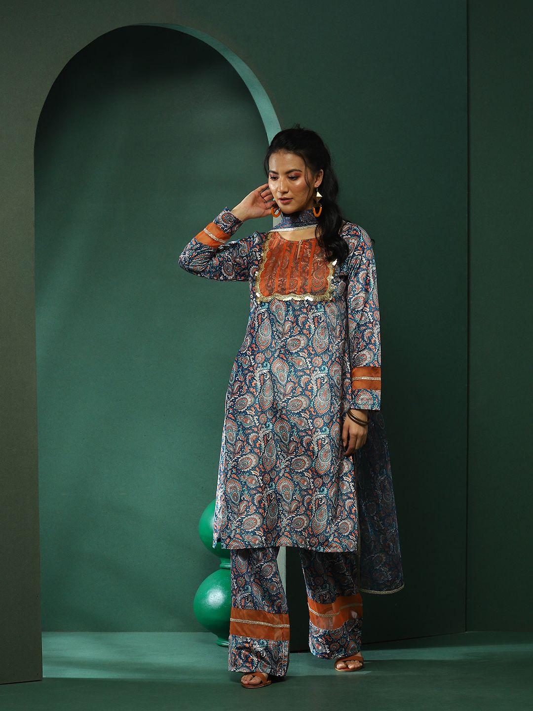 aks couture ethnic motifs printed round neck velvet kurta with palazzos dupatta