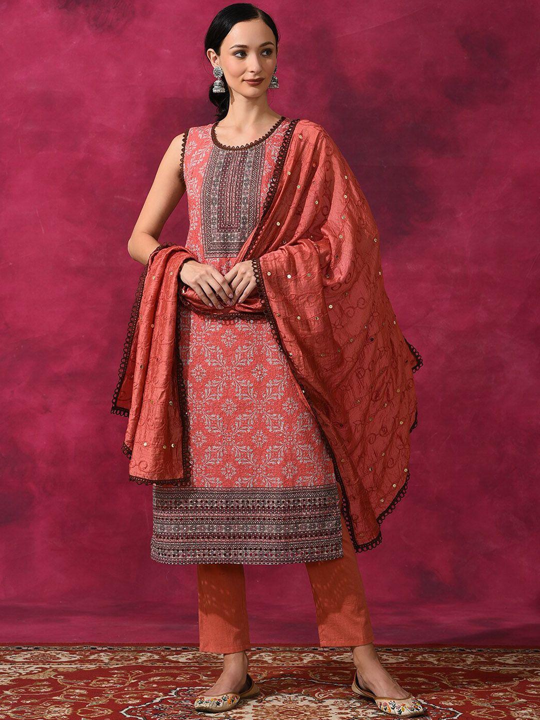aks couture ethnic motifs printed sequinned pure cotton kurta with trousers & dupatta