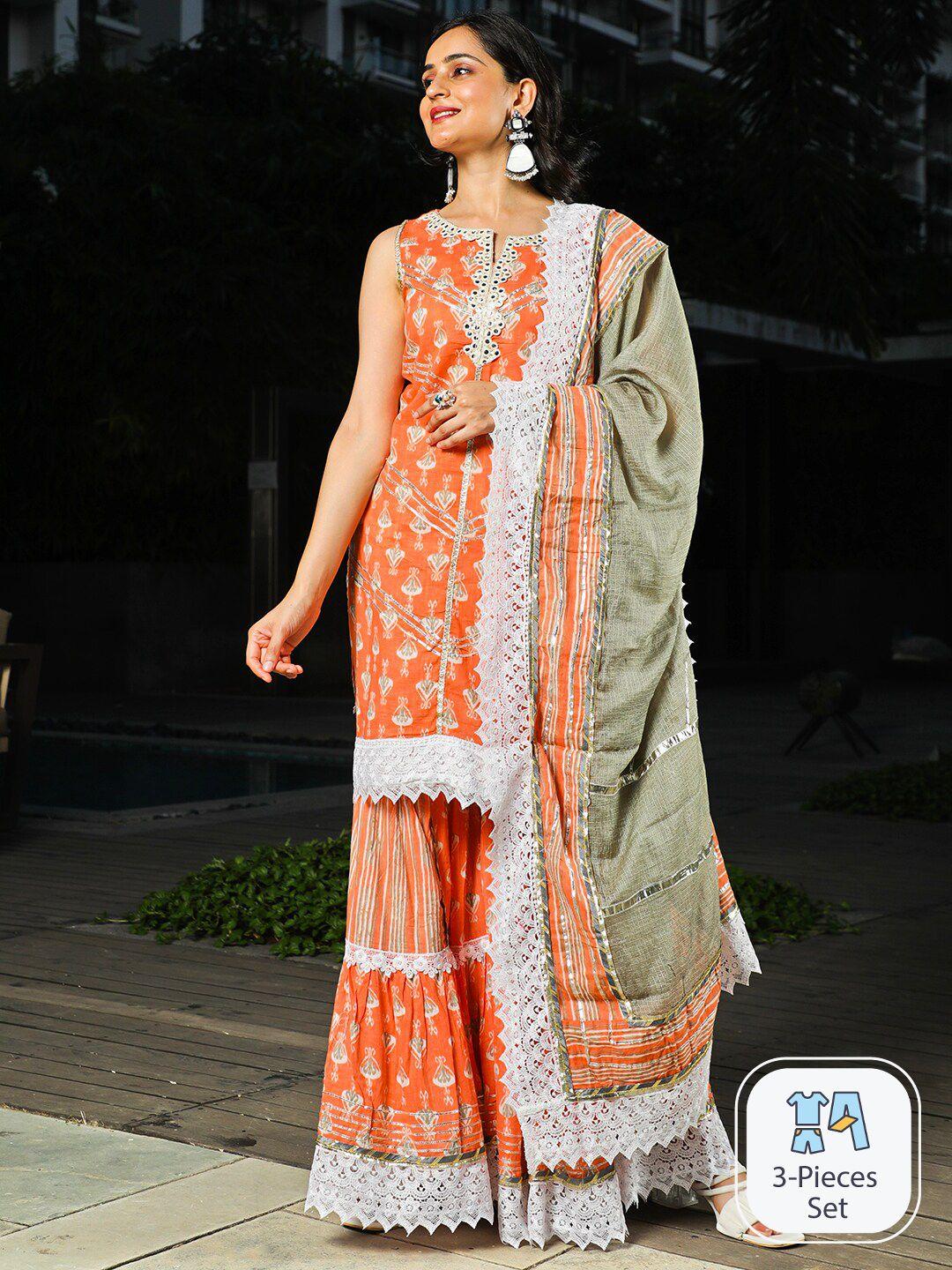 aks couture ethnic motifs printed sleeveless mirror work cotton kurta set with dupatta