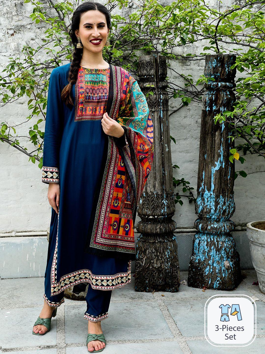 aks couture ethnic motifs printed straight kurta with trousers & dupatta