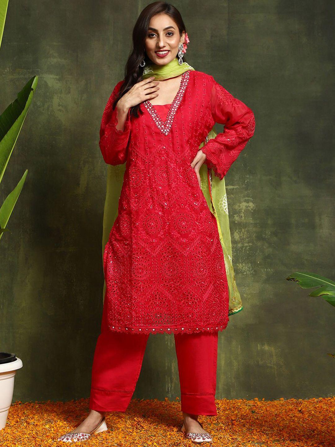 aks couture floral embroidered schifli regular kurta with trousers & dupatta